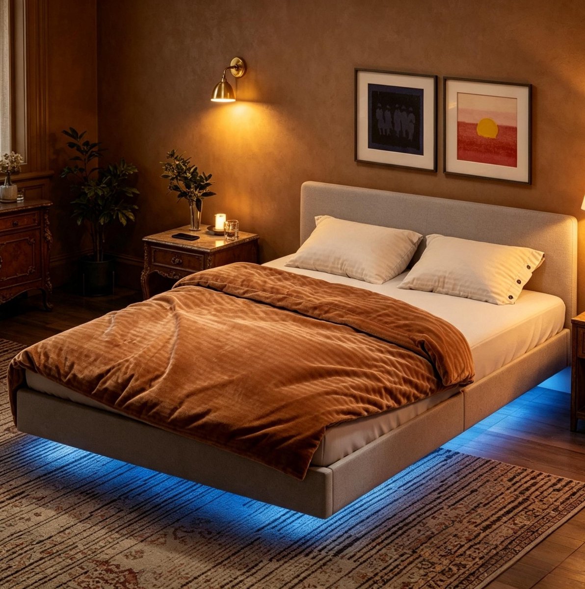 STILVORA Bed 140x190cm – Dubbelbed met ledverlichting – Bedframe met lattenbodem – Voor volwassenen – Stoffen bekleding – Beige – Zonder matras