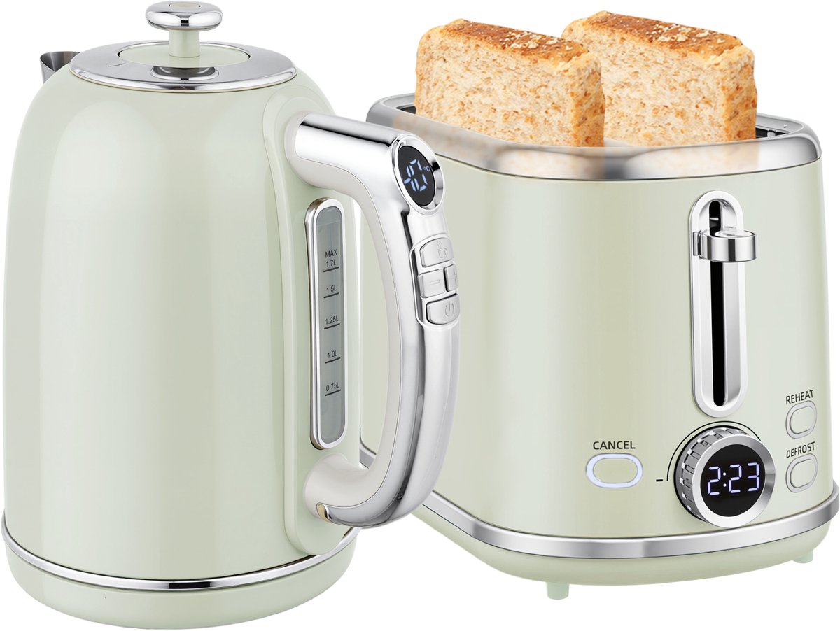 TEKROA® Waterkoker en broodrooster set - 1,7 liter roestvrijstalen waterkoker (2200W) en 2-sneden broodrooster - grijs