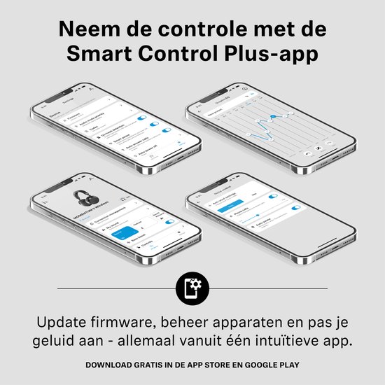 Vier smartphones die de Sennheiser Smart Control Plus-app tonen met verschillende instellingen voor geluid en firmware.