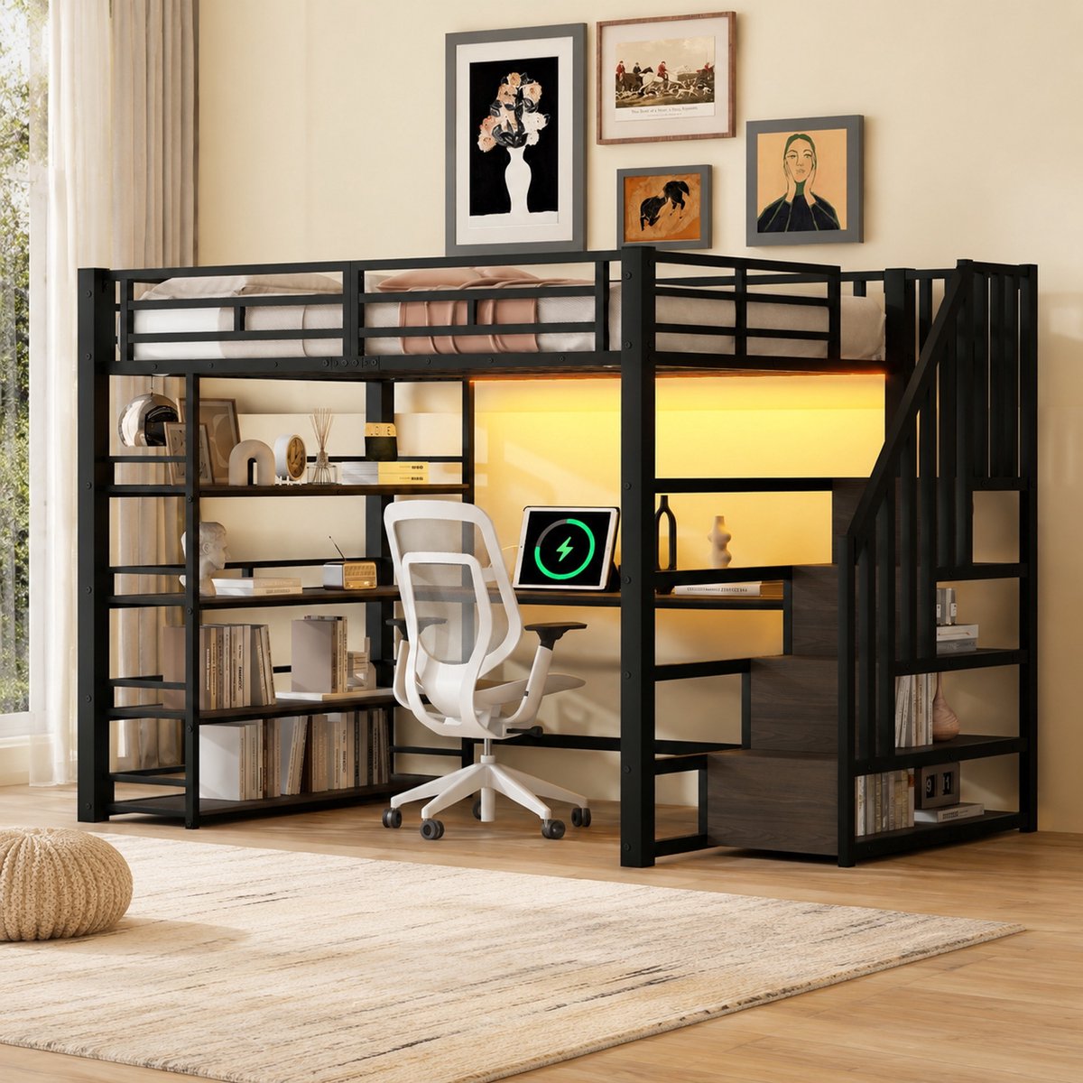 MIVRAY Hoogslaper 140x200 cm - Met Bureau En Opbergtrap Met Led Verlichting En Oplaadpunt - Met Boekenkast - Metaal En MDF - Zwart