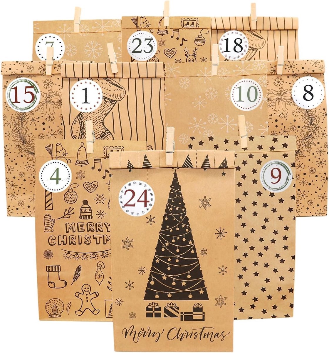 Doe-het-zelf Adventskalender - Bruin - 23,5 x 12 cm - Papieren Geschenkzakjes met Stickers en Klemmen - Voor Kerstmis