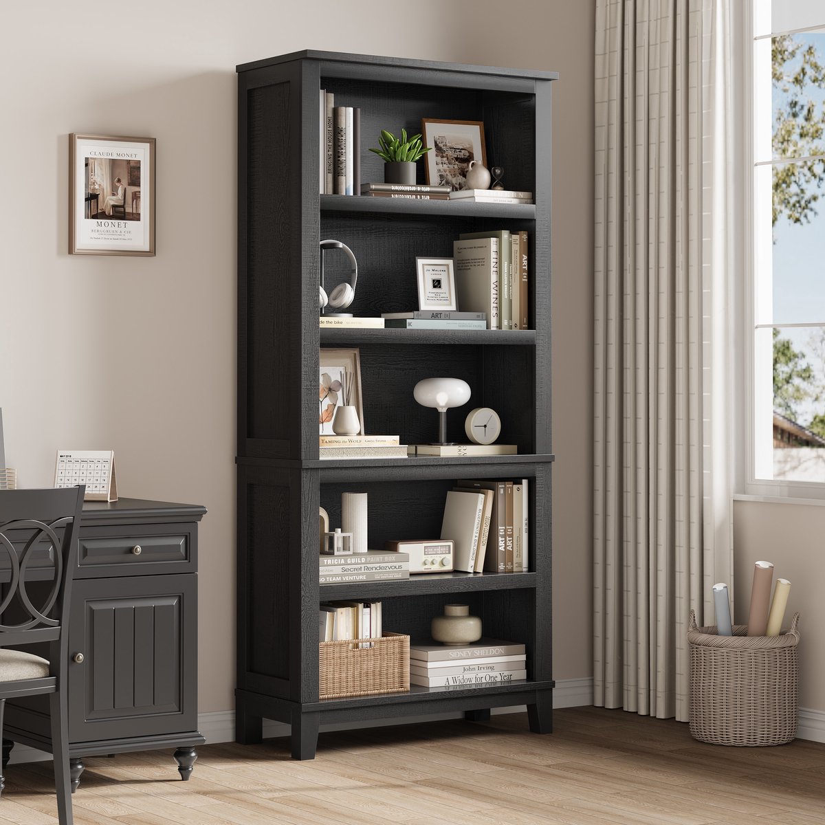Boekenkast 5 Lagen - 80x30x181cm - Hoge Boekenkast - Opbergkast Open Planken - Rustiek Displayrek - Voor Woonkamer Slaapkamer - Zwart