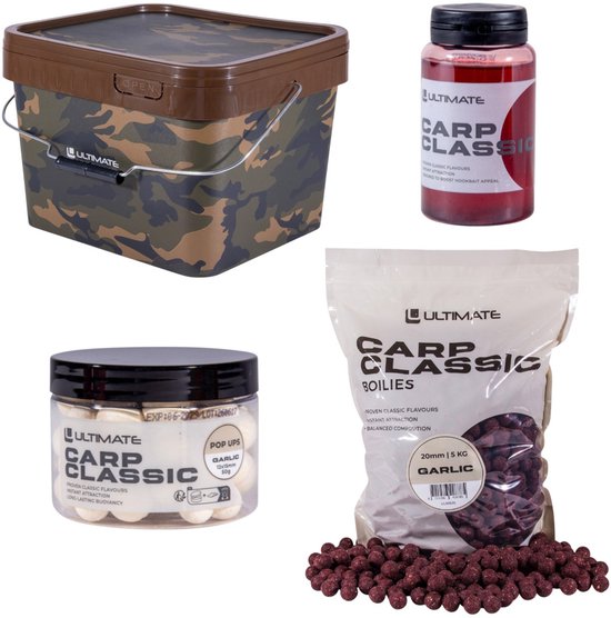 ULTIMATE CARP CLASSIC: camouflage emmer, pot met rode boilies, pot met witte pop-ups, zak met 5kg donkerrode boilies.