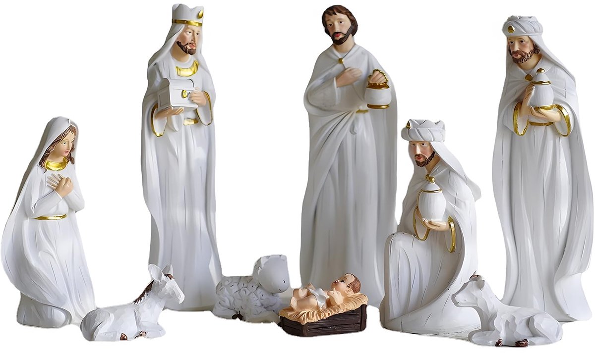 Famanu – 9-delige kerststal voor Kerstmis binnenshuis, echte kerststalfiguren en harsambachten voor kerstversiering