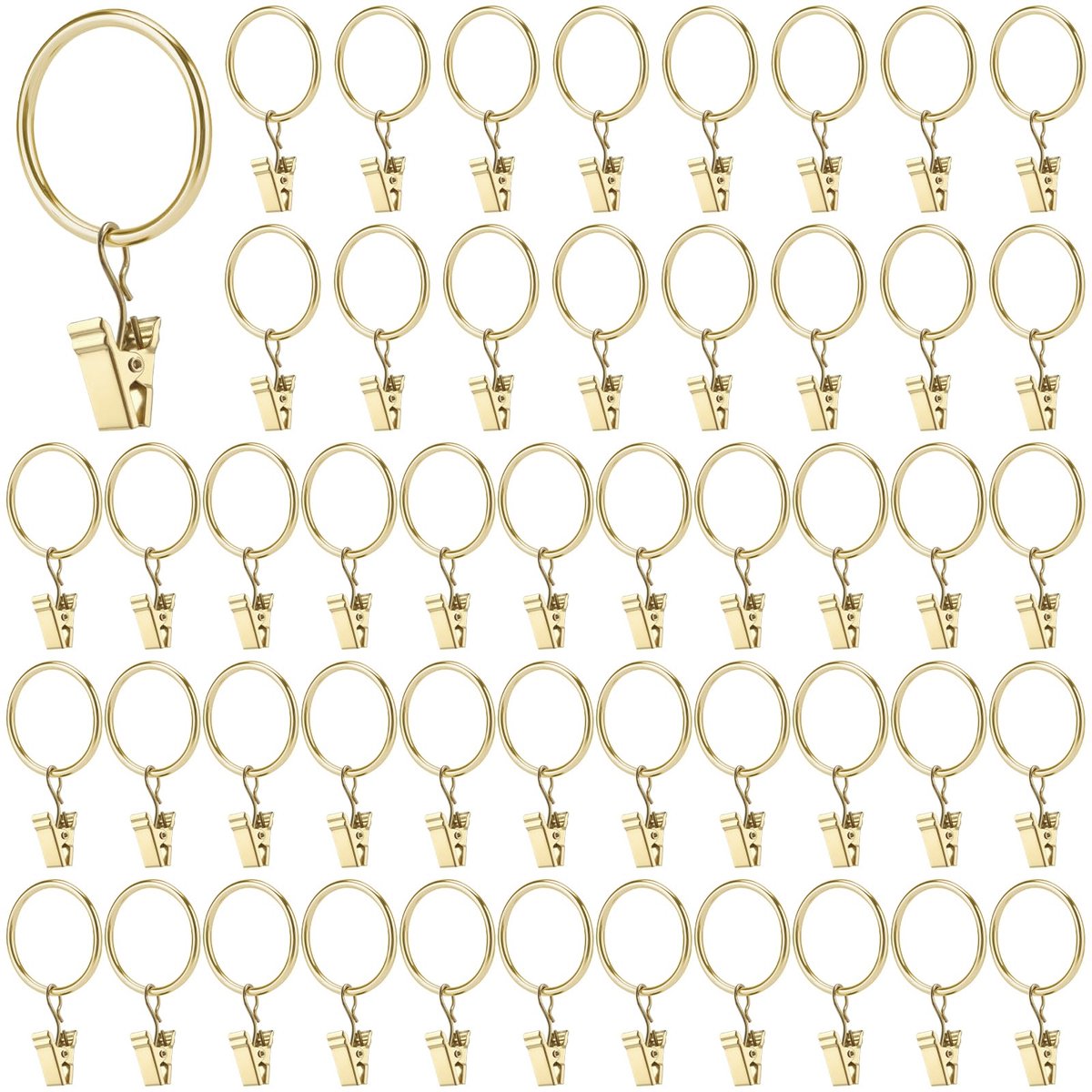 Famanu Set van 50 metalen gordijnringen met clips, gouden gordijnringen voor douchegordijnen en raamgordijnen, 30 mm diameter