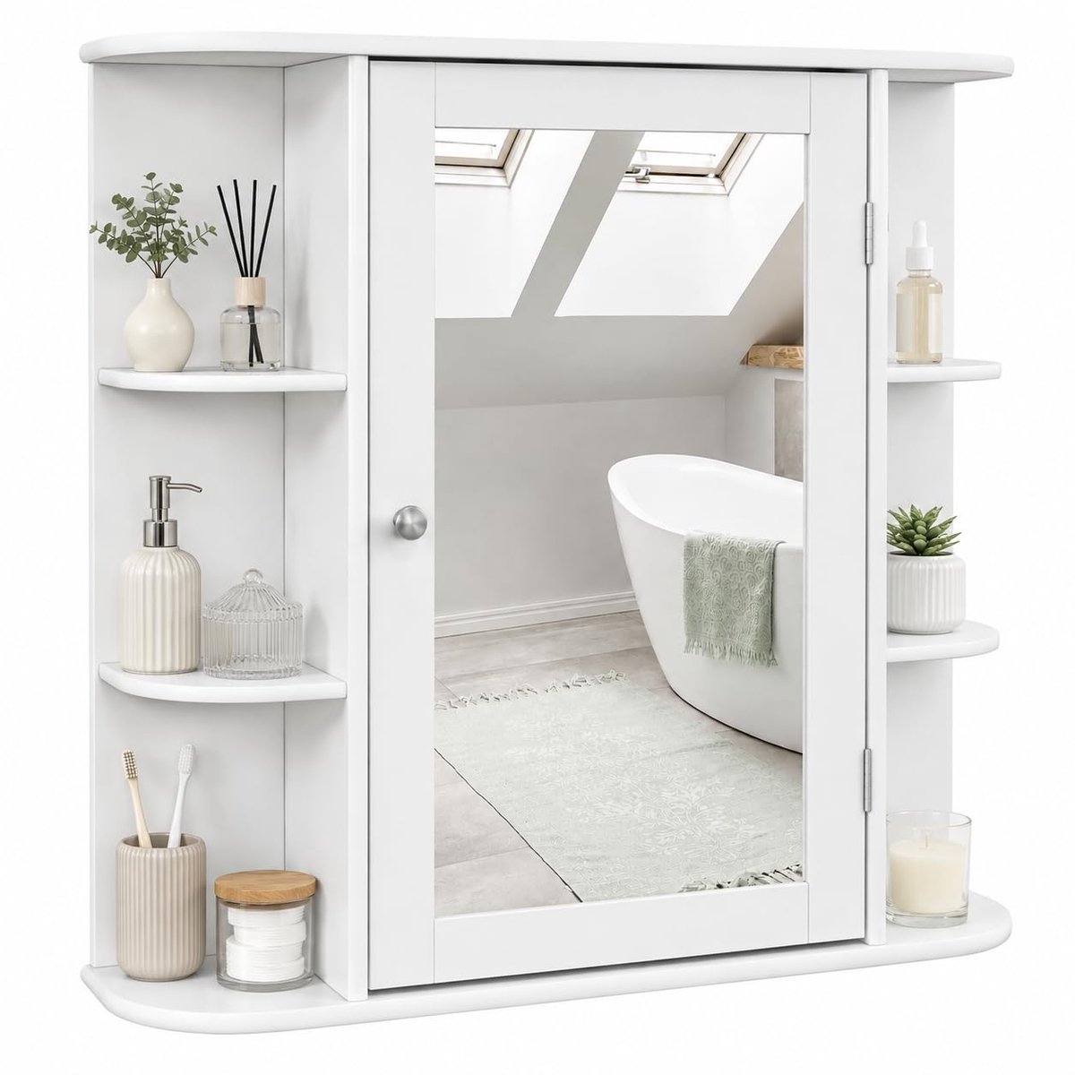 Famanu – Spiegelkast voor de badkamer van hout met 4 vakken en 6 open planken, hangend met spiegel, 66 x 17 x 63 cm, wit