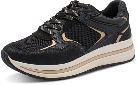 Zwarte Tamaris damessneaker met gouden details, veters en plateauzool.