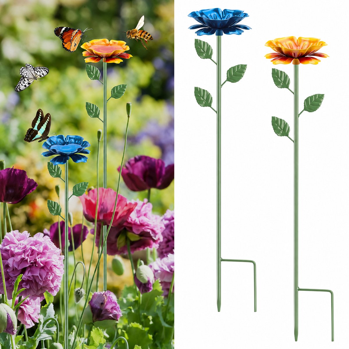 Ulisem - Set van 2 bijendrinkstations - Metalen bijenbad - vlindervoederhuisje met bloemmotief - kleurrijk vlinderbad - voor tuin, terras en buitendecoratie