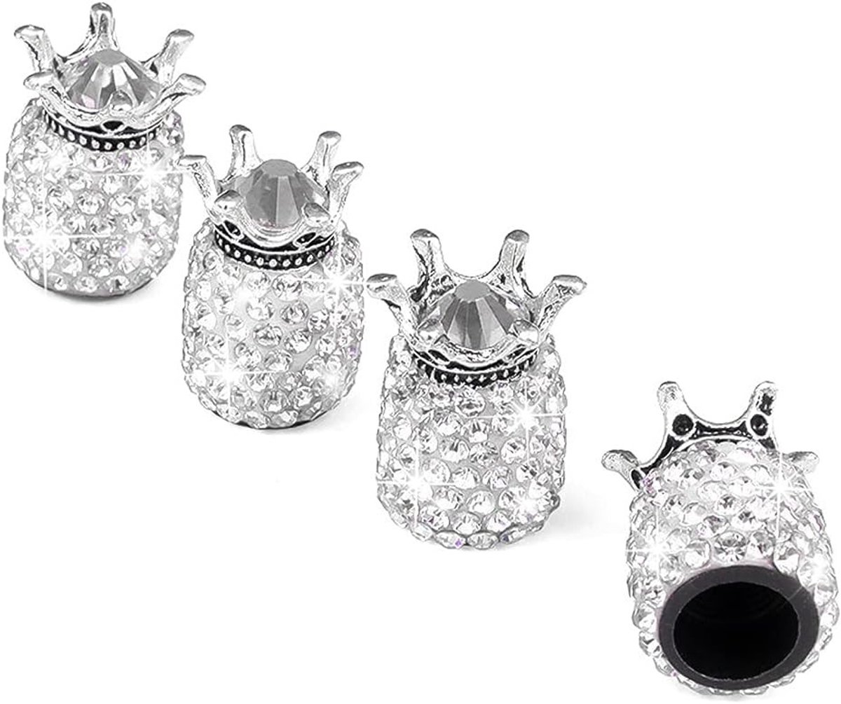4 x Ventieldoppen voor Auto met Kroonontwerp - Shiny Rhinestones voor Auto, Motor en Fiets (Wit)