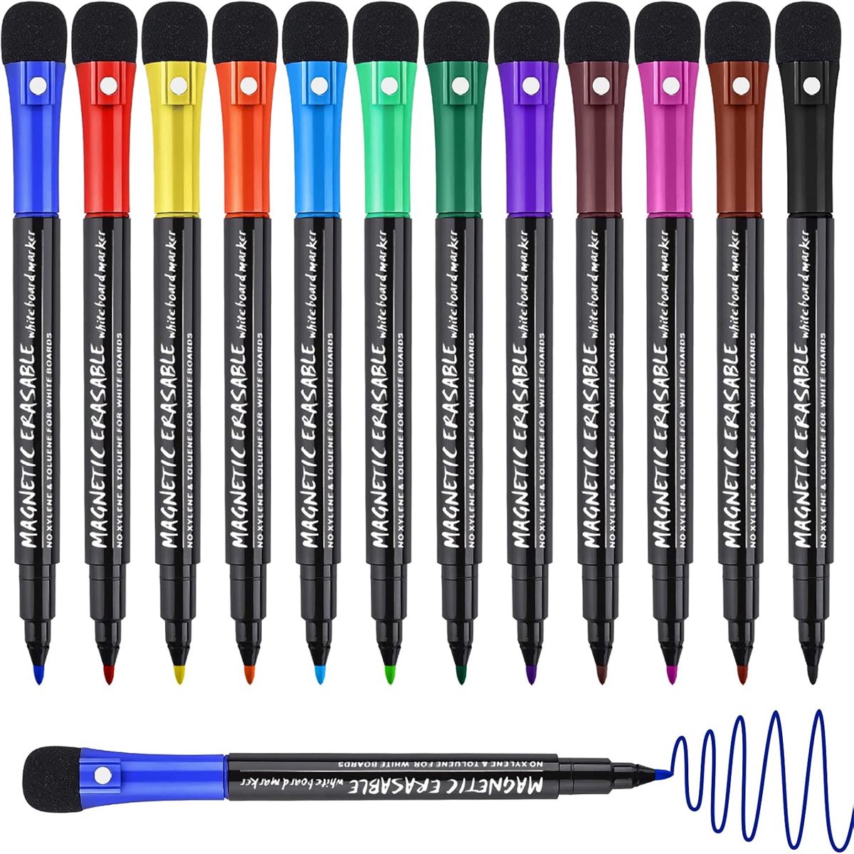 carmdering - Whiteboard Markers Set van 12 – Gekleurde Whiteboardstiften met Magnetische Dop en Wisser – Voor School, Kantoor en Thuis