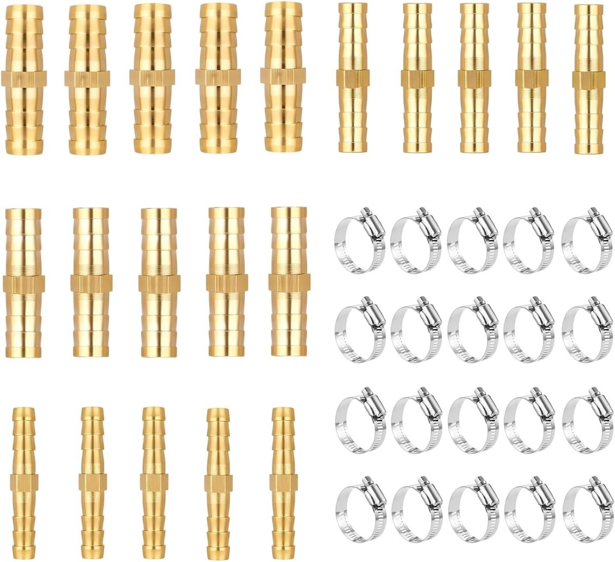 20-delige Messing Slangconnector Set met Slangklemmen voor Brandstofleidingen, Waterleidingen en Luchtleidingen, Maten 6/8/10/12 mm