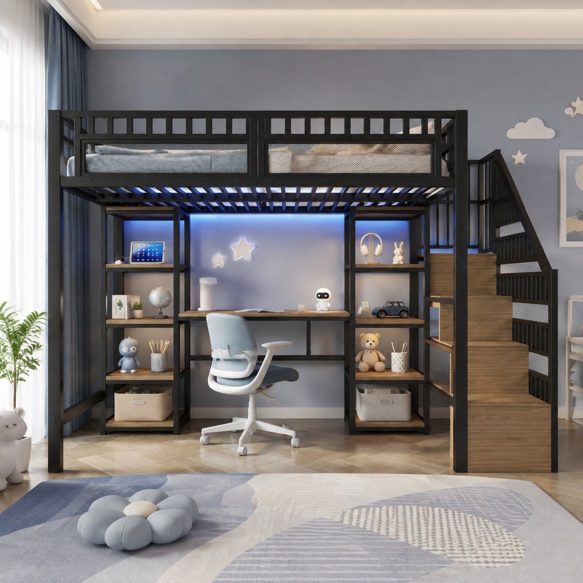 Wishdor Hoogslaper 140 x 200 cm - Met bureau en opbergruimte - LED-lichtstrip en usb-aansluiting - Metaal en mdf - Zwart - Voor kinderkamer en studeerplek