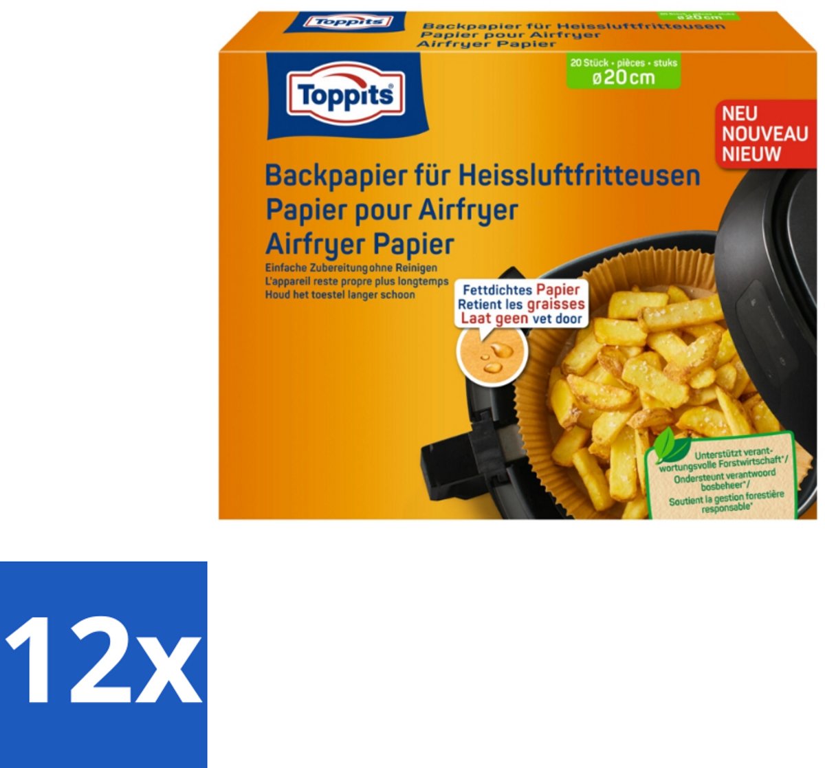 12 x Toppits – Airfryer Papier – 20 cm – 20 Zakjes - Airfryer Bakpapier - Bakpapier Airfryer - Gezond Bakpapier - Vetabsorberend Bakpapier - Koken Met Airfryer