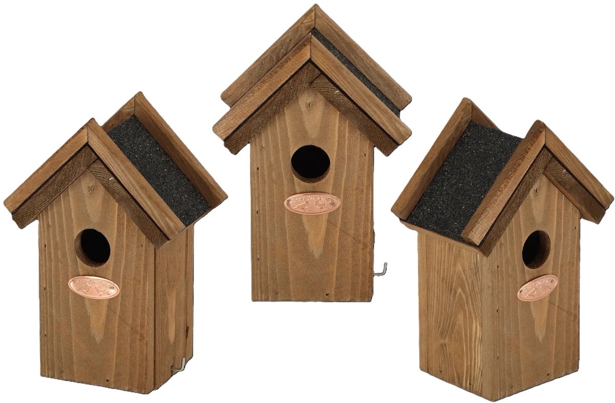 3x Houten vogelhuisjes met bitumen dakje 16x22 cm