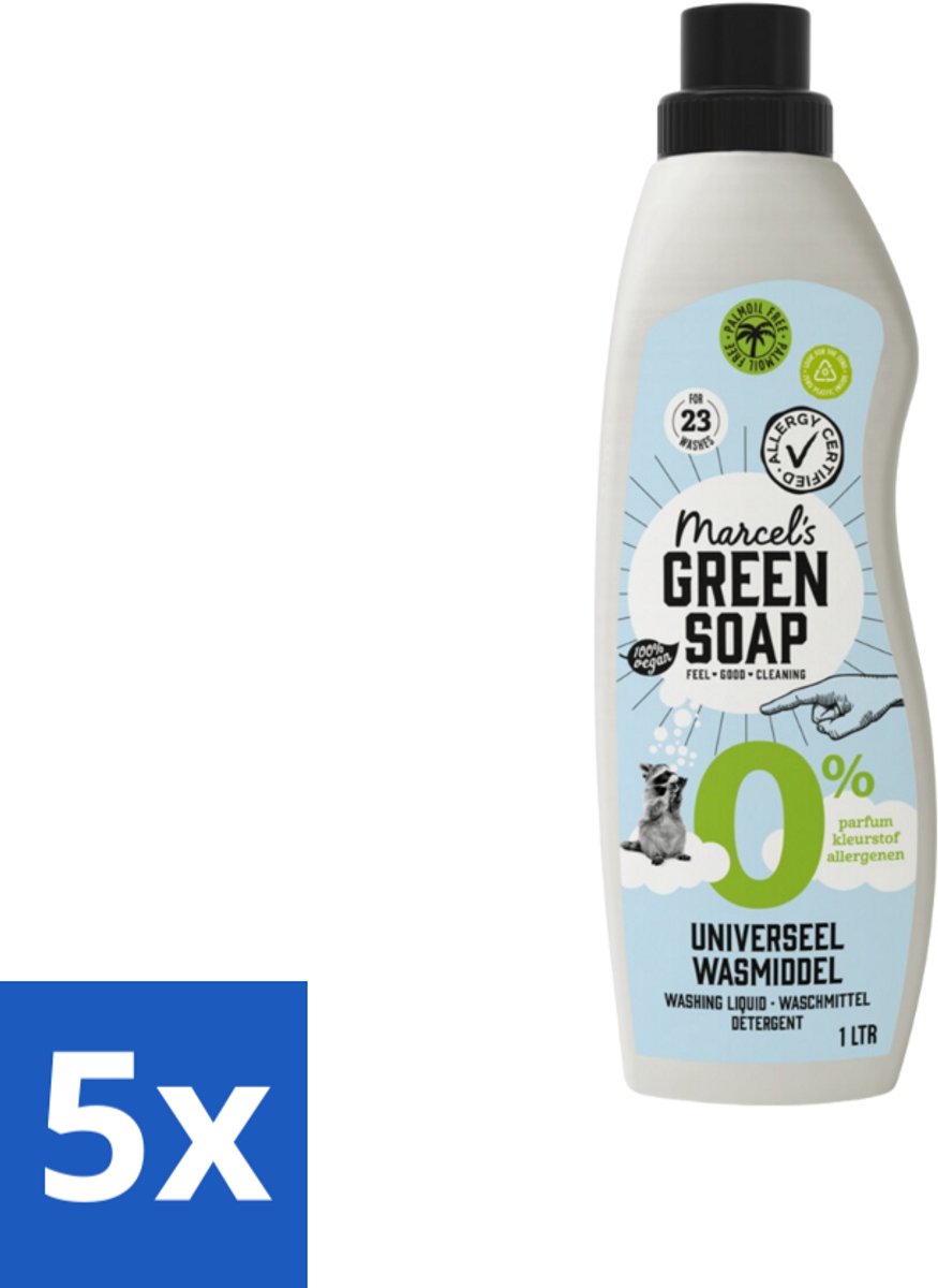 5 x Marcel’s Green Soap – Wasmiddel – Universeel - 0% – Zonder parfum en kleurstof – 1 liter - Koffiezetapparaat