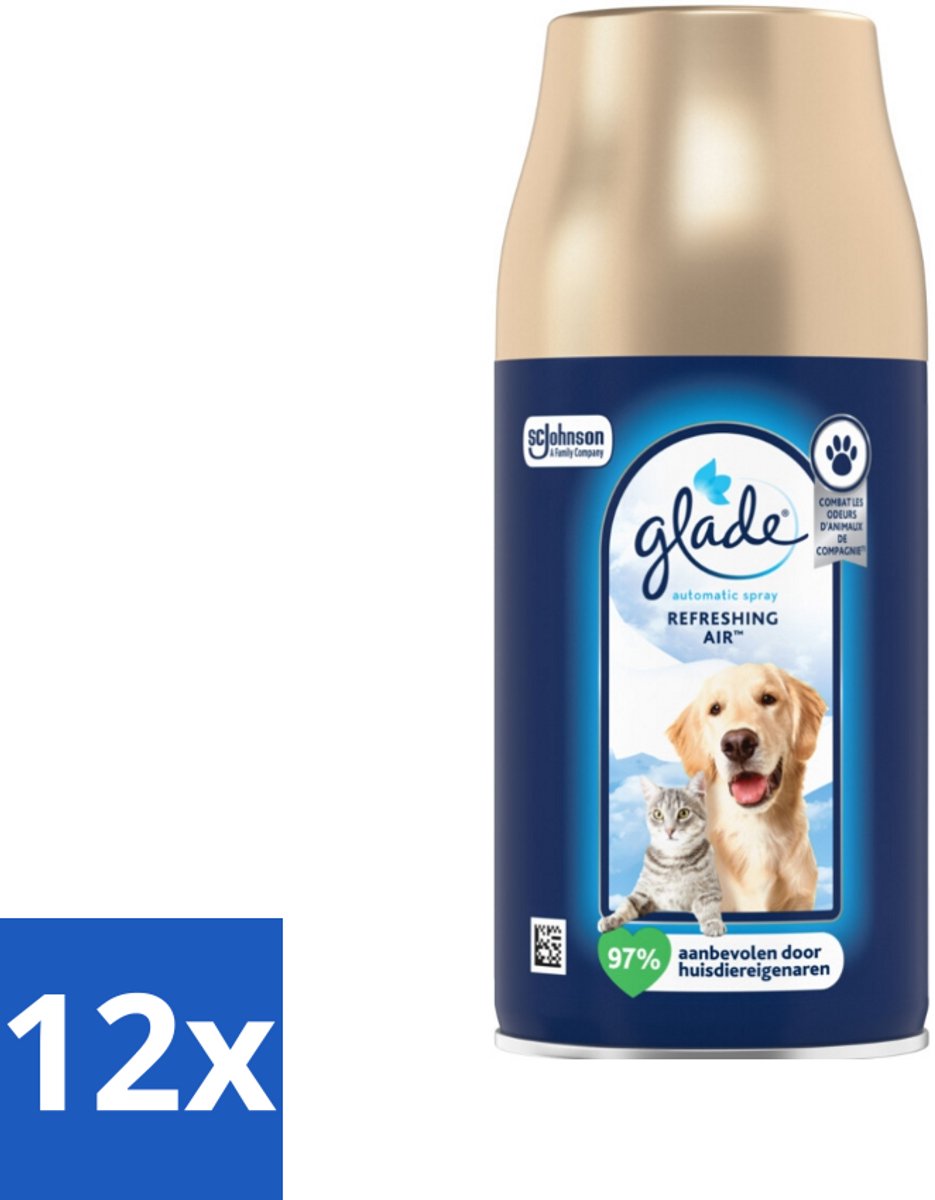 12 x Glade – Automatic Spray Navulling – Refreshing Air Huisdieren – 269 ml - Huisdieren Geur - Dierengeur Neutraliseren - Luchtverfrisser - Frisse Geur - Automatische Spray