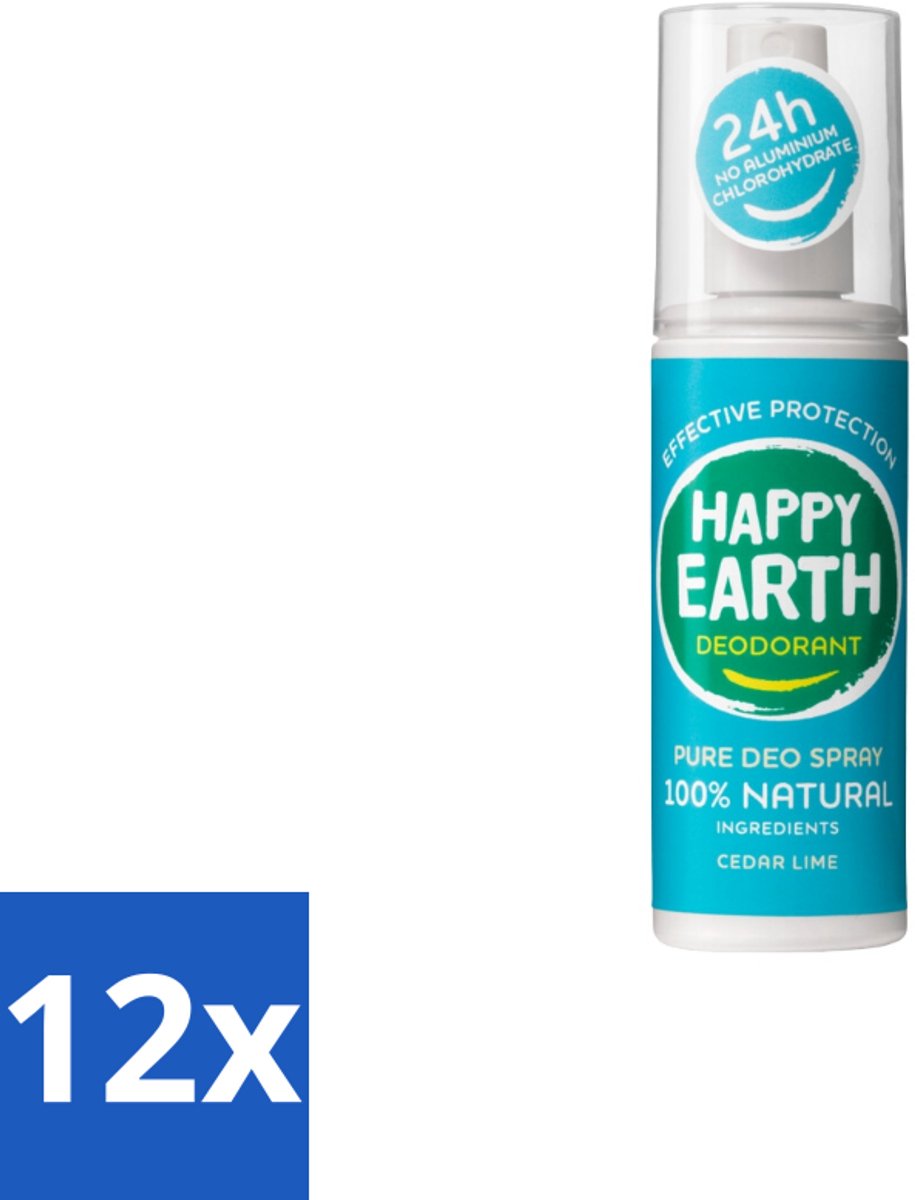 12 x Happy Earth – Deodorant Spray – 100% Natuurlijk Cedar Lime – 100 ml - Deodorant Spray - Fris Geur - Cederhout En Limoen - Natuurlijke Deodorant - Huidvriendelijk