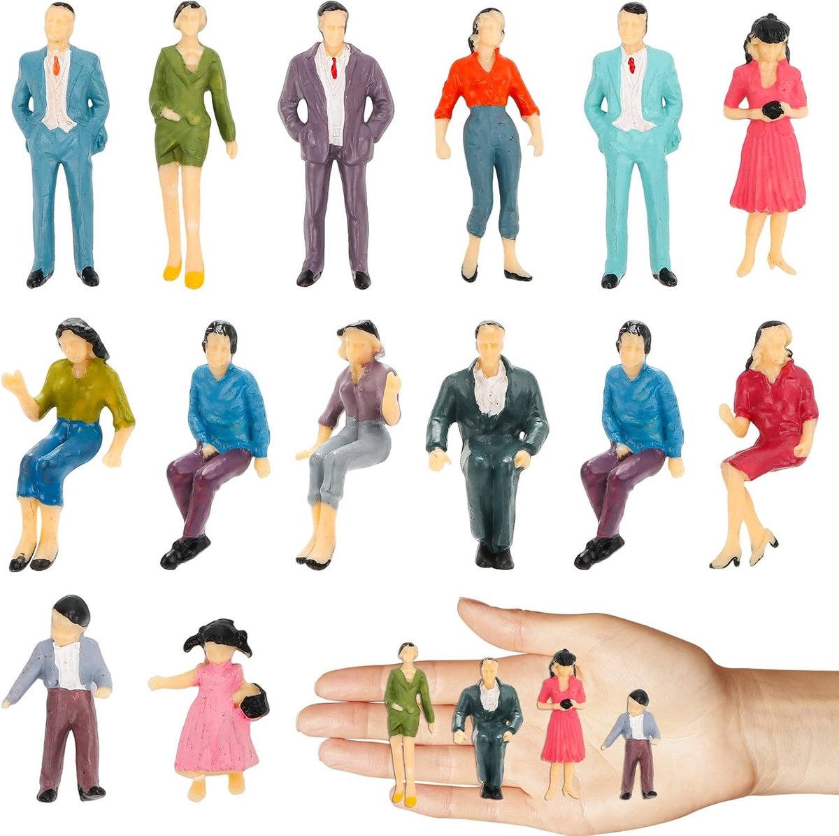 Miniatuurfiguren 1:25 - 14 stuks Beschilderde Model Figuren voor Modelbouw en Spoorwegprojecten, Diverse Poses en Details