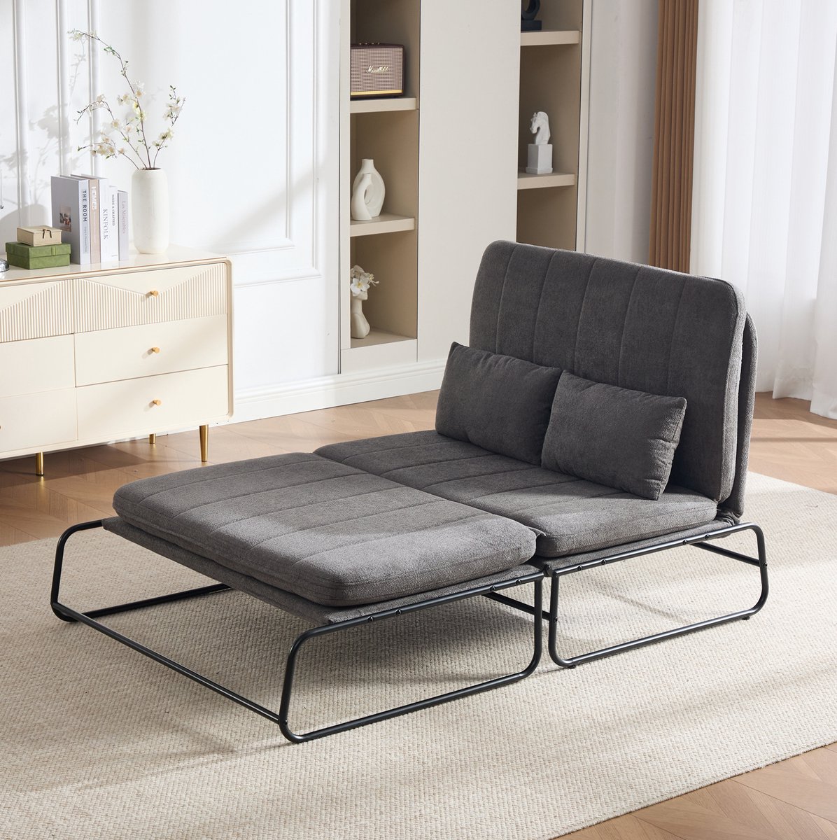 FloraGrace Slaapbank 2-Zits 104 Cm – Met Bedfunctie, Metalen Frame En Opbergtas – Voor Woonkamer, Homeoffice En Logeerkamer – Chenille – Grijs