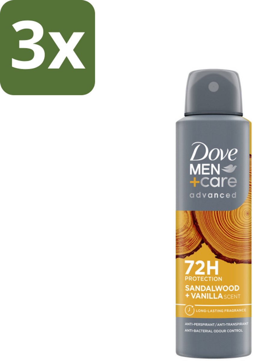 3 x Dove – Deodorant Spray – Men+Care Sandalwood & Vanilla – 150 ml - Anti-transpirant Spray - Zweetbestrijding - Oksel Verzorging - Deodorant Spray - Sandelhout En Vanille