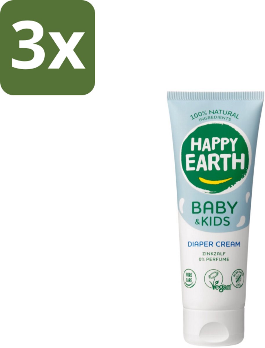 3 x Happy Earth – Diaper Cream – 100% Natuurlijk Baby & Kids – 75 ml - Baby Billen Crème - Luieruitslag Voorkomen - Gevoelige Huid - Zink Oxide Crème - Natuurlijke Baby Crème