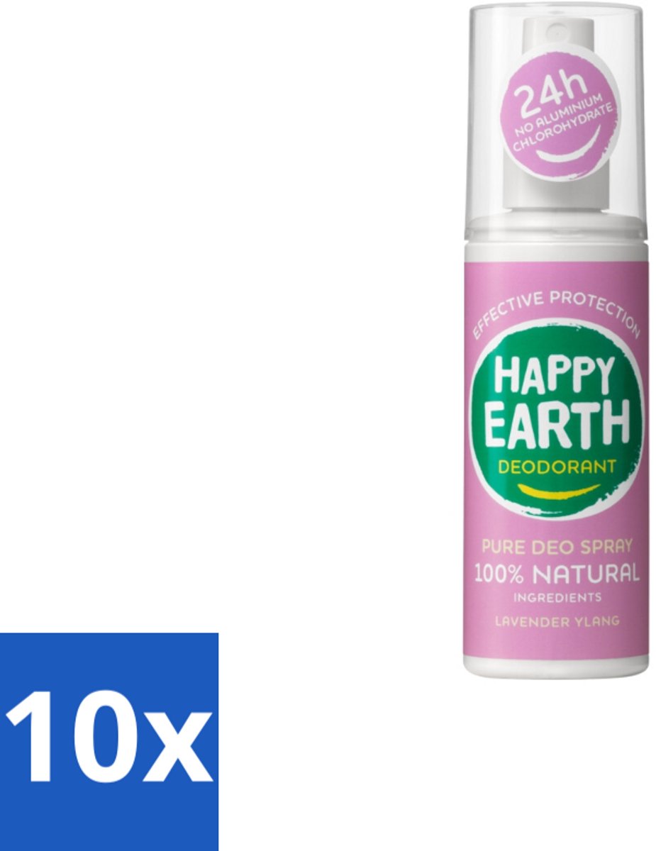 10 x Happy Earth – Deodorant Spray – 100% Natuurlijk Lavender Ylang – 100 ml - Natuurlijke Deodorant Spray - Lavendel Ylang - Geur - Huidvriendelijk - Geen Witte Vlekken