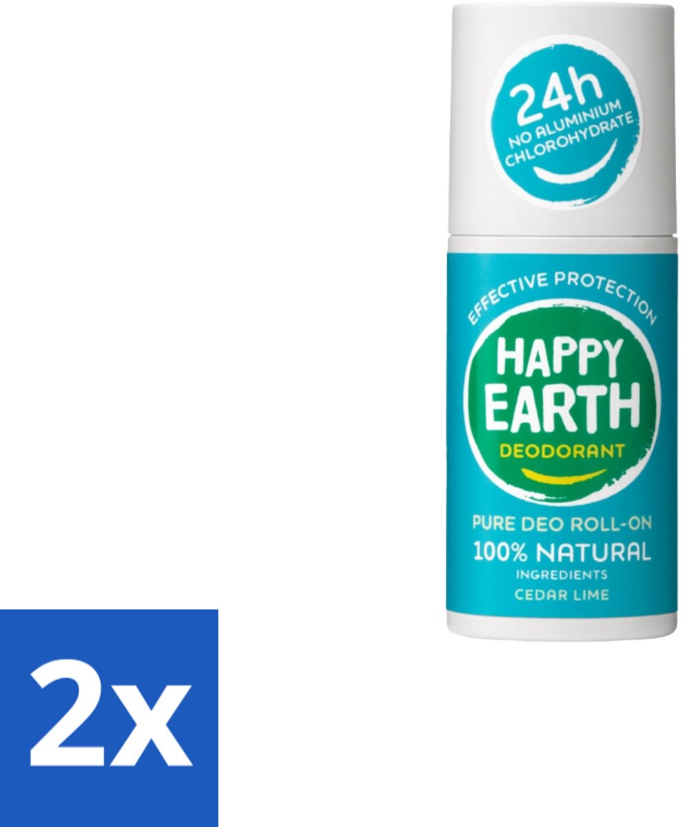 2 x Happy Earth – Deodorant Roll-On – 100% Natuurlijk Cedar Lime – 75 ml - Deodorant - Natuurlijke Deodorant - Cederhout - Limoen - Fris
