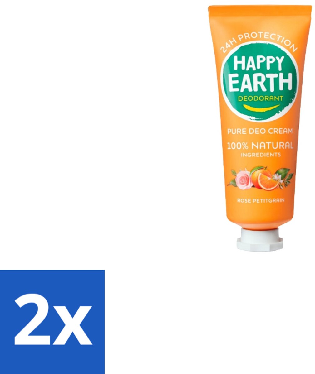 2 x Happy Earth – Deodorant Cream – 100% Natuurlijk Rose Petitgrain – 40 ml - Natuurlijke Deodorant - Deodorant Crème - Frisse Geur - Bloemige Geur - Huidvriendelijk