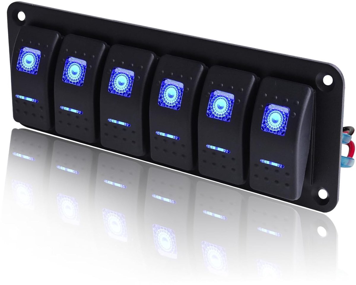 6 Gang Toggle Switch Paneel voor Auto, Marine en RV - DC 12V-24V, Voorbedrade Rocker Switch met Blauwe Verlichting
