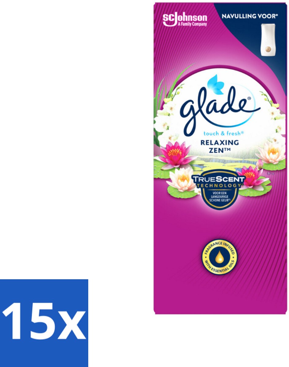 15 x Glade – Touch & Fresh Navulling – Relaxing Zen – 10 ml - Luchtverfrisser - Geurboost - Frisheid - Ontspannende Geur - Sandelhout