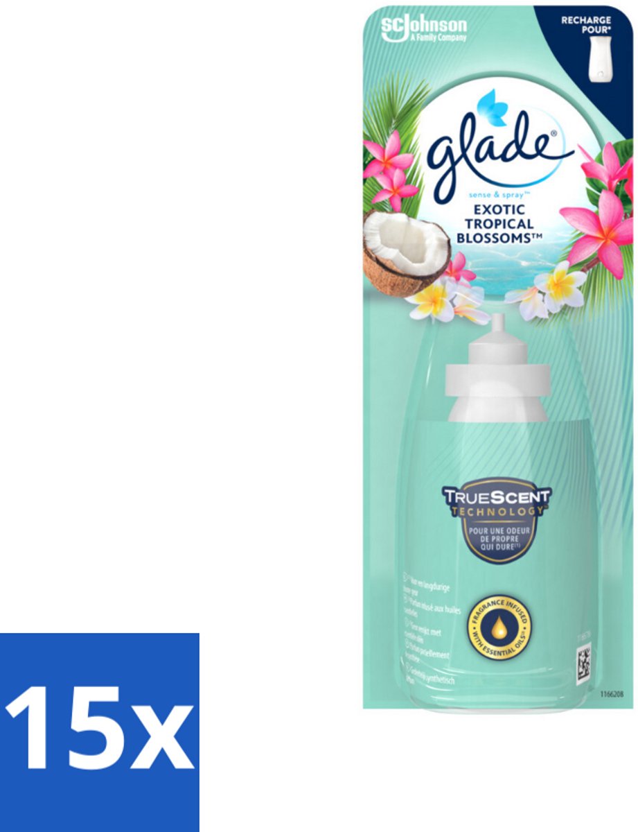 15 x Glade – Sense & Spray Navulling – Exotic Tropical Blossoms – 18 ml - Tropische Geur - Bewegingssensor - Kokos En Bloemen - Luchtverfrisser - Exotische Geur