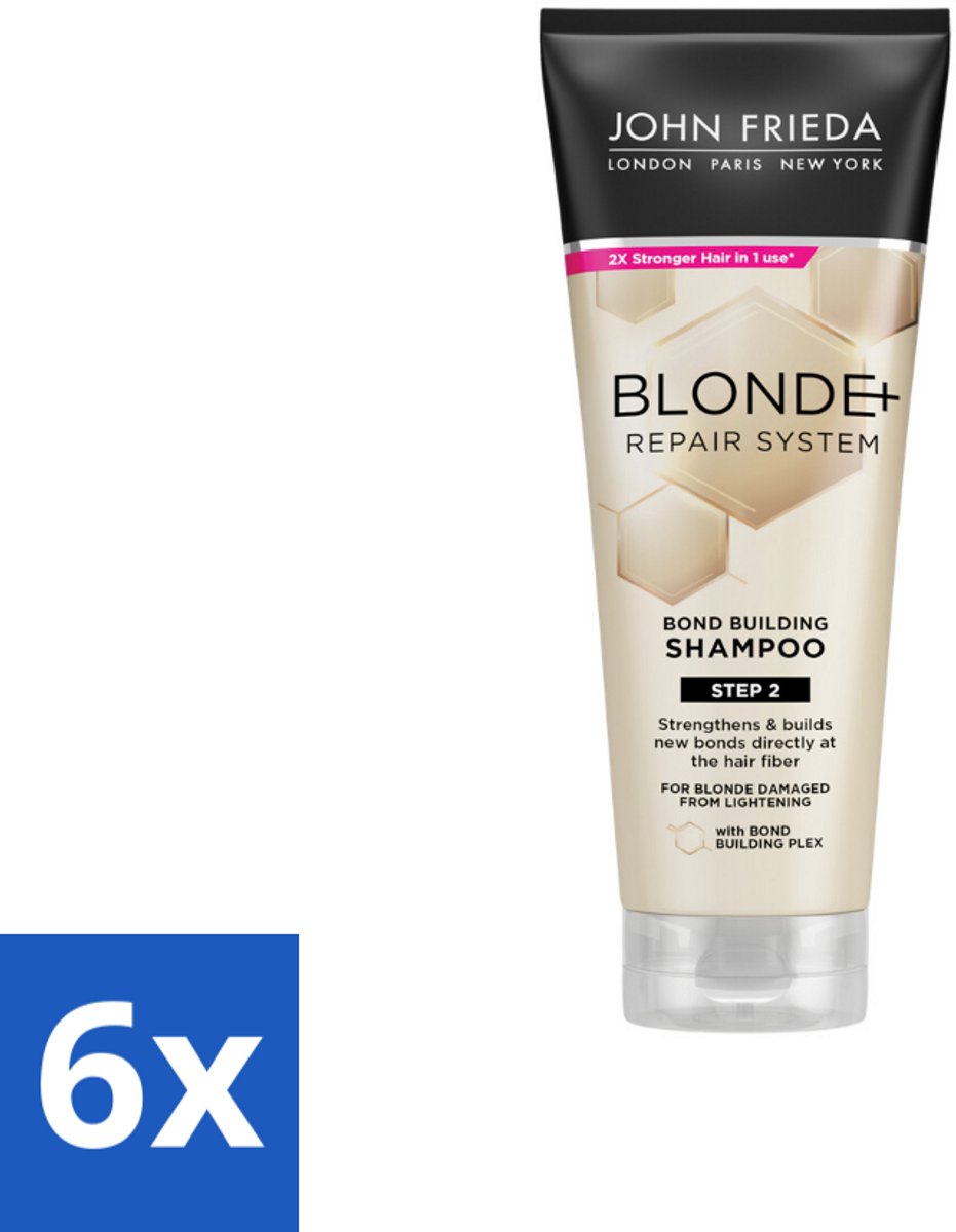 6 x John Frieda – Shampoo – Blonde+ Repair Bond Building – Herstellend – 250 ml - Blond Haar Herstellen - Beschadigd Haar Herstellen - Bond Building Shampoo - Herstel Shampoo - Sterk Haar