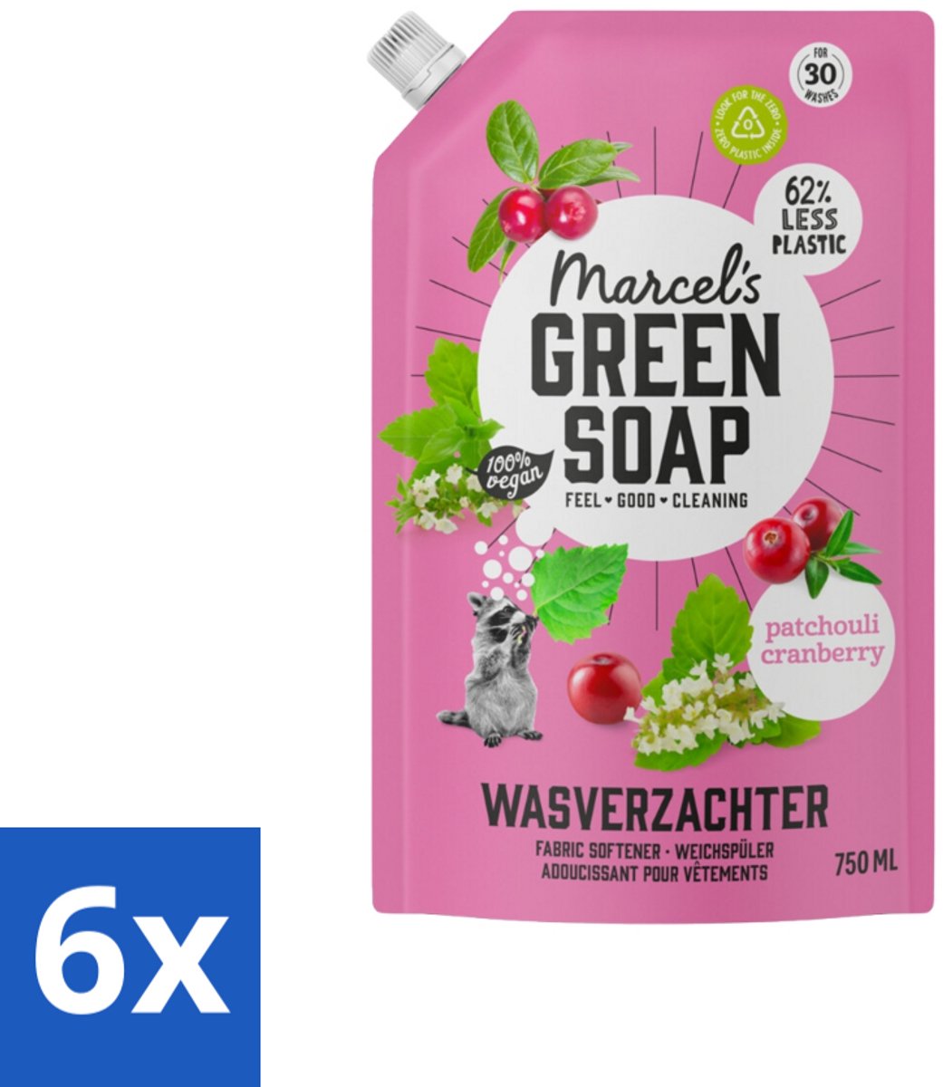 6 x Marcel’s Green Soap – Wasverzachter – Patchouli & Cranberry - Navulling – 750 ml - Wasverzachter - Navulling - Patchouli - Cranberry - Wasverzachter Navulling