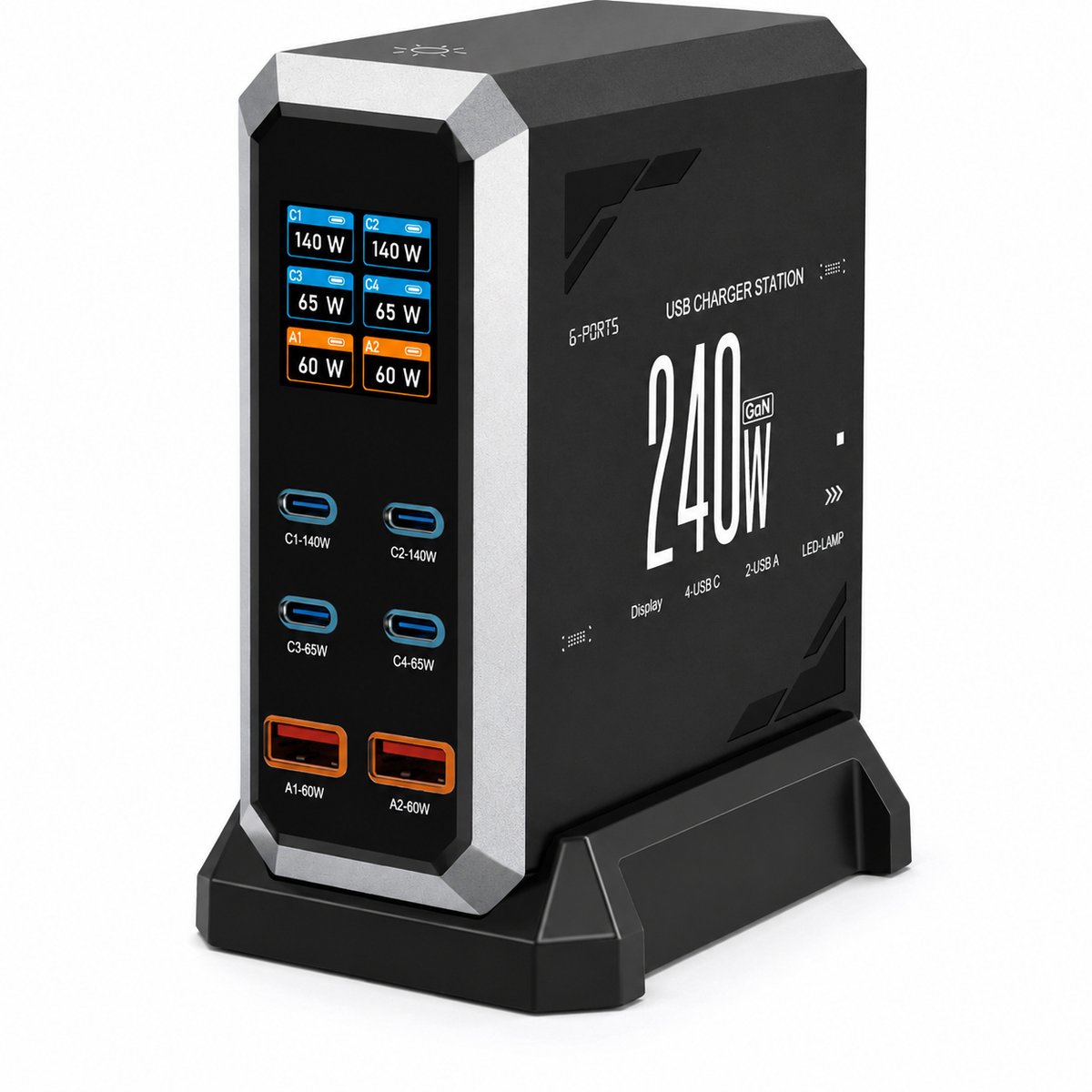 DrPhone GaNStation 240 – 240W GaN Oplaadstation – 6 Poorten – 4x USB-C + 2x USB-A – PD3.1 140W – Digitaal Display