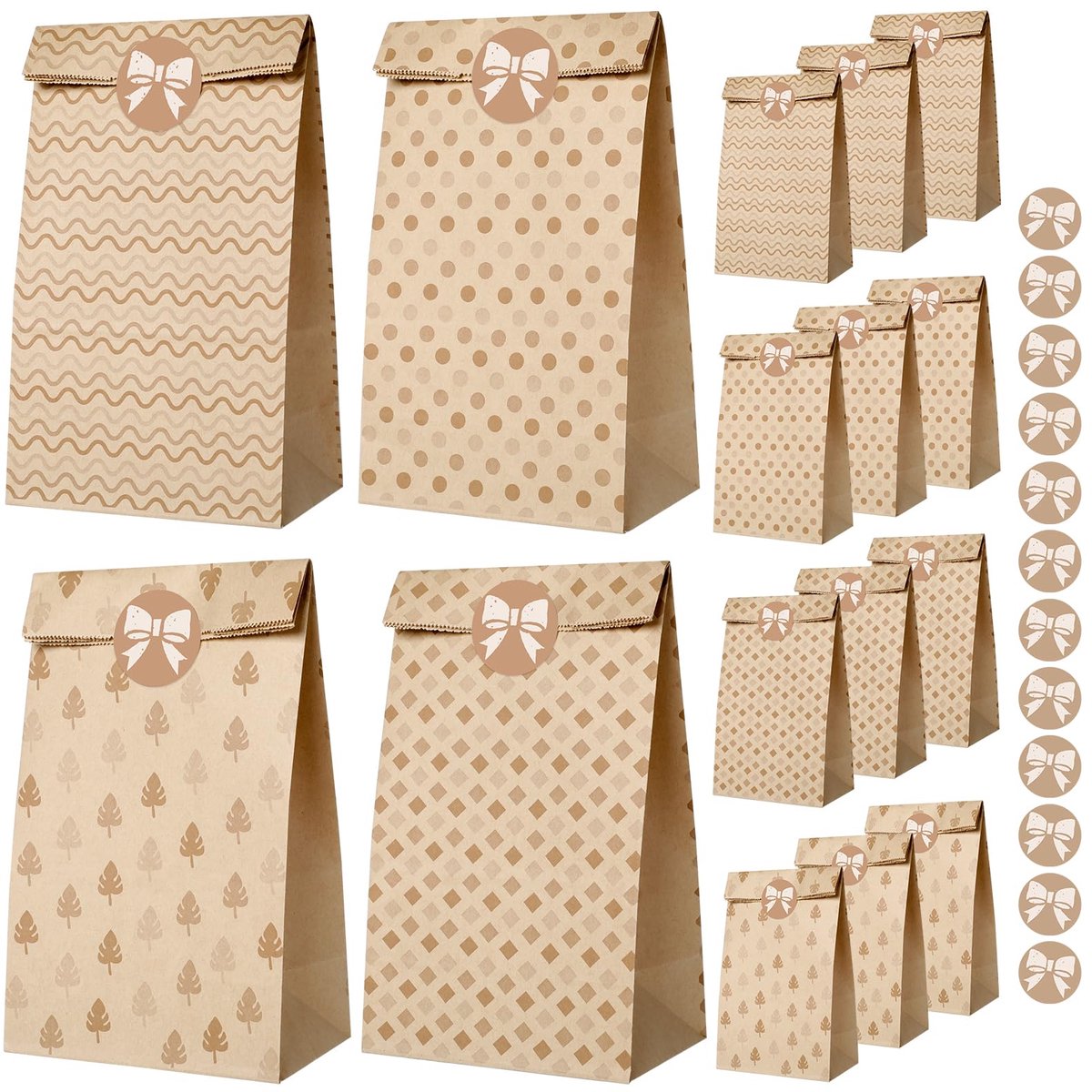 AiQInu Geschenkzakjes, cadeauzakjes van kraftpapier, 12 stuks met 12 stickers voor kerstcadeaus, cadeauzakjes - ShopVlot