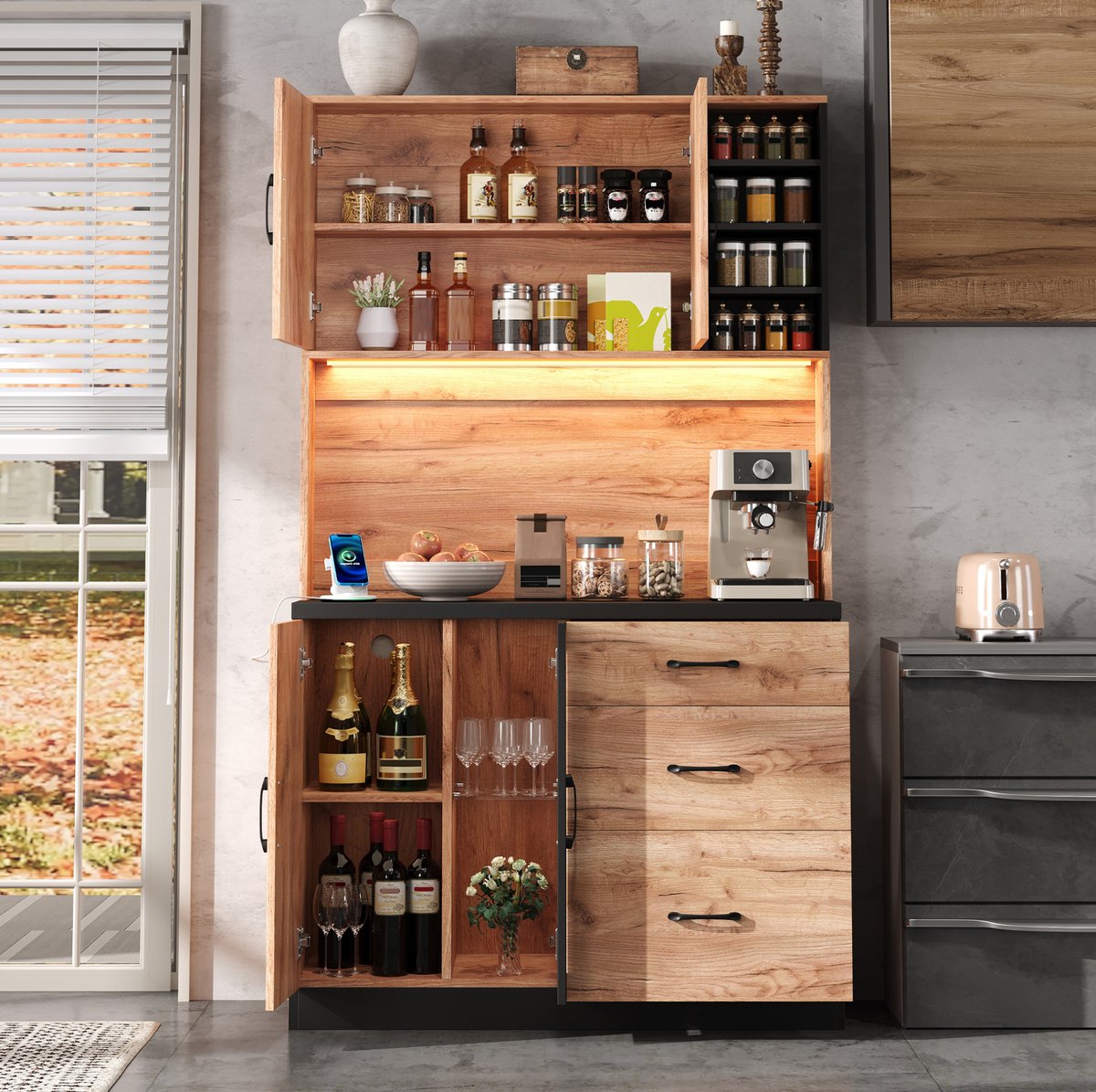 COVREO Keukenkast 105 x 40 x 180 cm zwart houtlook MDF, met LED en stopcontact