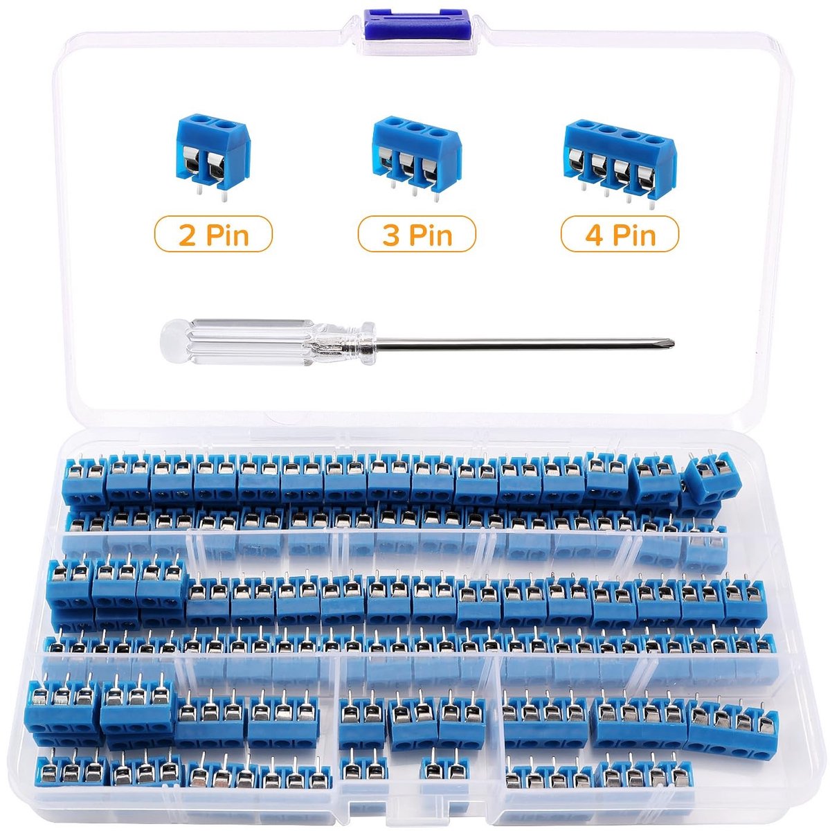 5mm Pitch 2/3/4 Pins PCB Mount Schroef Terminal Blok - 100 Stuks voor Arduino DIY Projecten, Inclusief Schroevendraaier en Blauw Ontwerp