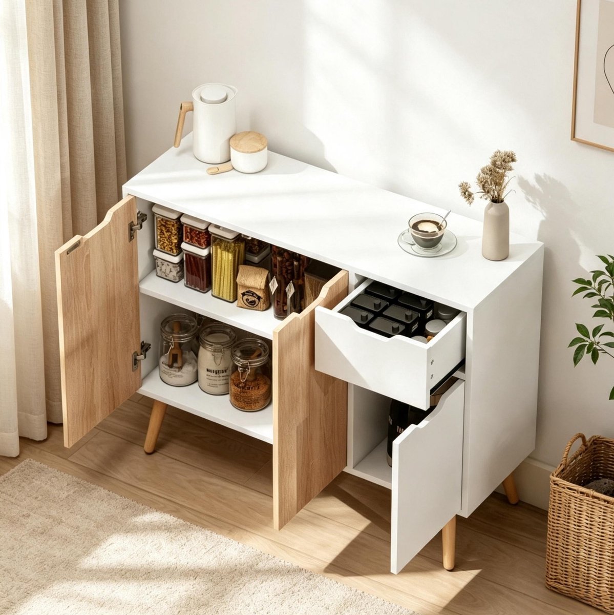 Dressoir Met Lade En Deuren - Scandinavisch Design - Opbergkast Voor Woonkamer En Eetkamer - Wit En Licht Eiken - 90x30x72 Cm