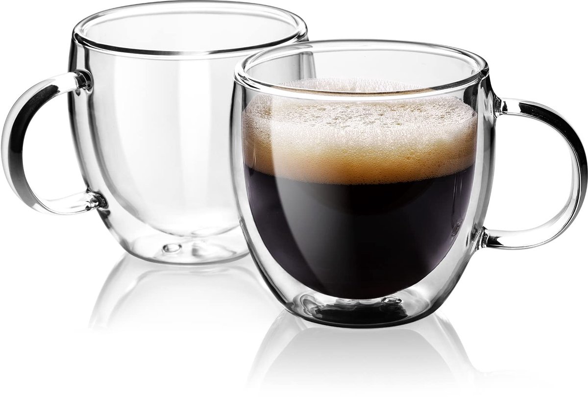Elzusha - Set van 2 Dubbelwandige Glazen Espresso Kopjes 150ml met Handgreep