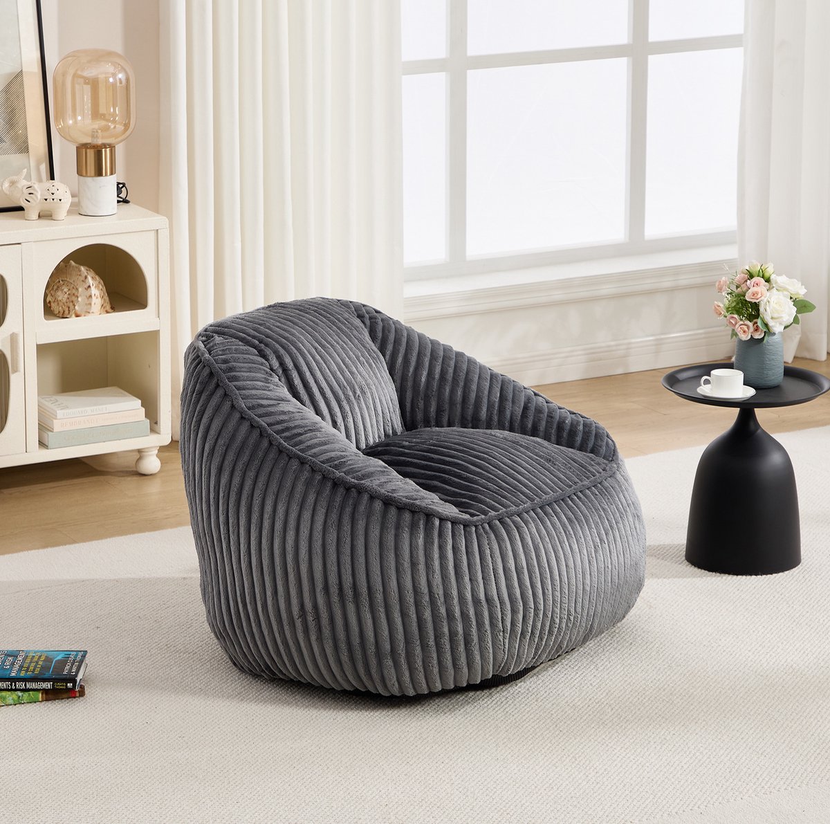 COVREO Bean bag chair donkergrijs chenille - met rugleuning - traagschuimvulling - voor binnen
