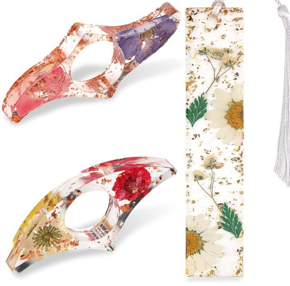 Set van 5 Transparante Acryl Boekenleggers met Echte Gedroogde Bloemen en Kwastje, 14 x 2,5 cm met 0,3 cm Dikte, Handgemaakte Duurzame Leestool voor Boekenliefhebbers, Studenten en Lezers -22
