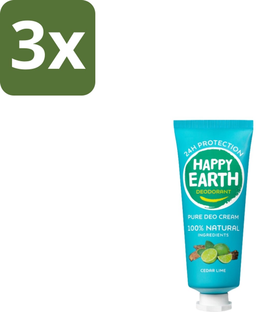 Happy Earth – Deodorant Cream – 100% Natuurlijk Cedar Lime – 40 ml - Bulkverpakking - 3 stuks