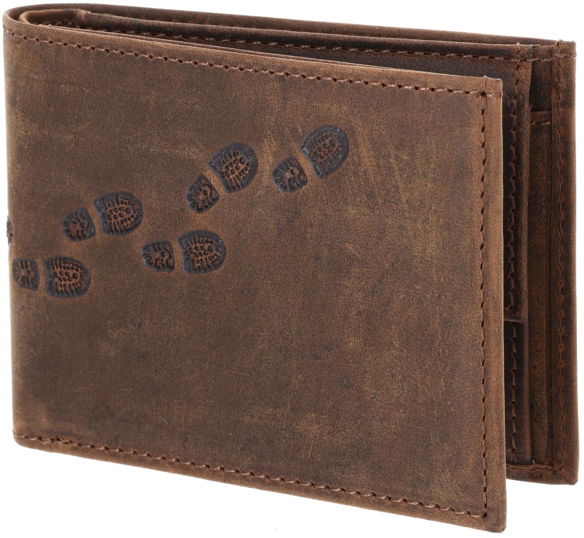 oxmox Leren portemonnee Leather RFID Protect Pocketbörse Footsteps 2.0 Embossed Vintage Dark Brown donkerbruin
