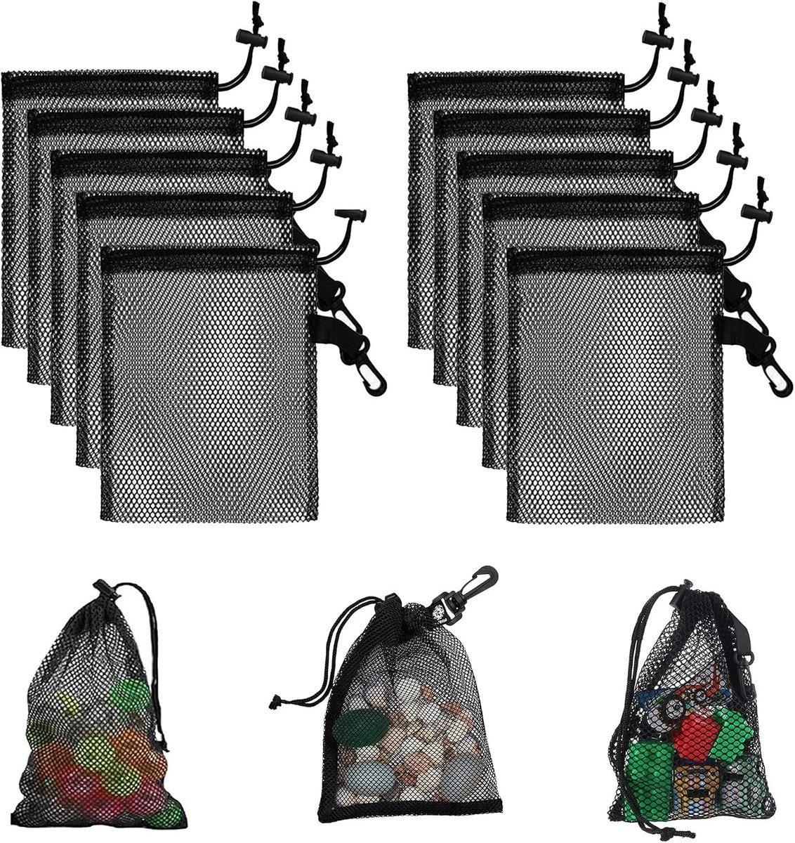 10 Stuks Zwarte Mesh Opbergzakken met Trekkoord voor Speelgoed, Sport en Buitenactiviteiten - 15x20 cm, Duurzame Opslagoplossingen