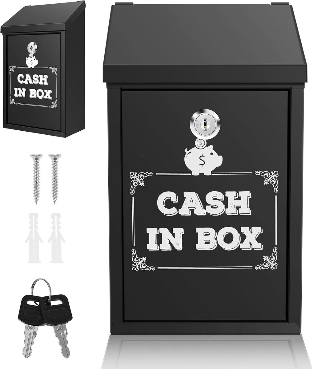 Geldcassette voor donaties met gleuf, mini-brievenbus en afsluitbare kiesurn, wandmontage, verzameldoos voor thuis, kantoor en winkelcentra, 14,3 × 7,4 × 26 cm (zwart)