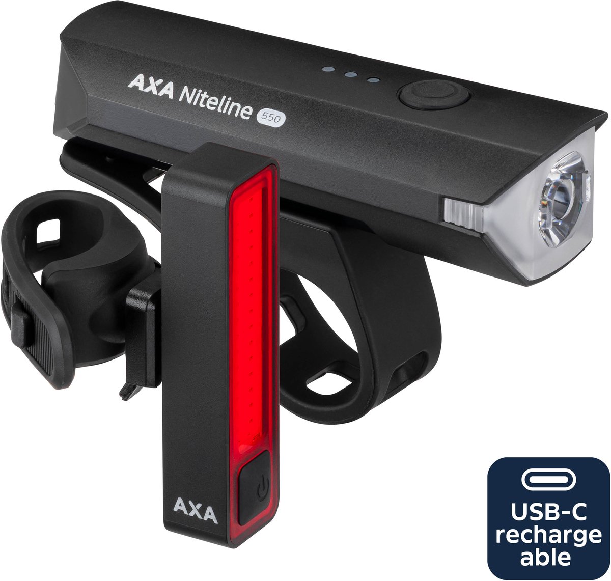 AXA Niteline 550 fietsverlichting set – Oplaadbare LED fietsverlichting voor- en achterlicht – USB‑C – krachtige verlichting voor maximale zichtbaarheid