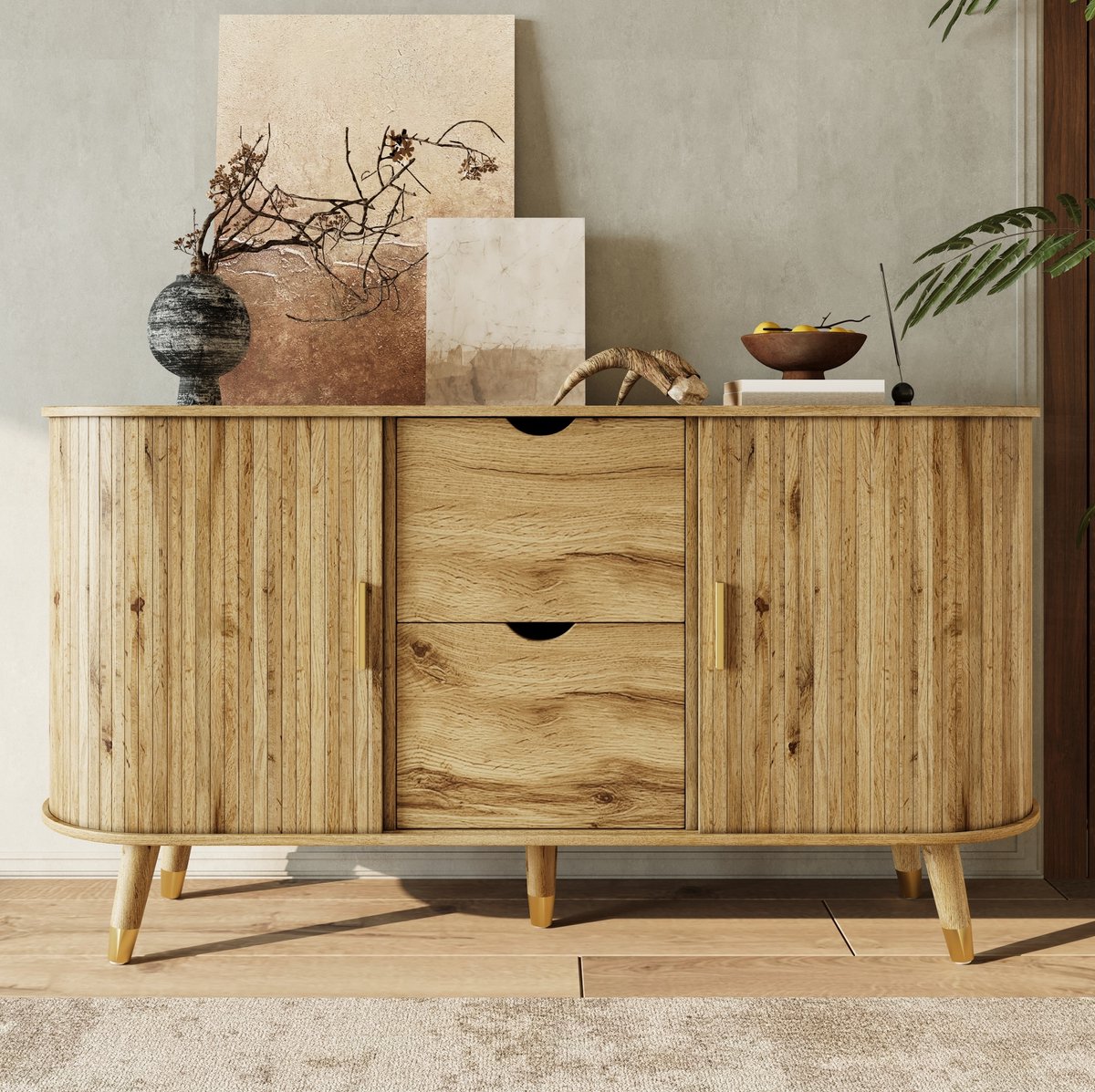Dressoir - Vertikale Houtnerf Met 2 Schuifdeuren En 2 Lades - Open Vakken En Verstelbare Planken Voor Woonkamer En Hal - MDF - Natuur - 140x40x79,5 Cm