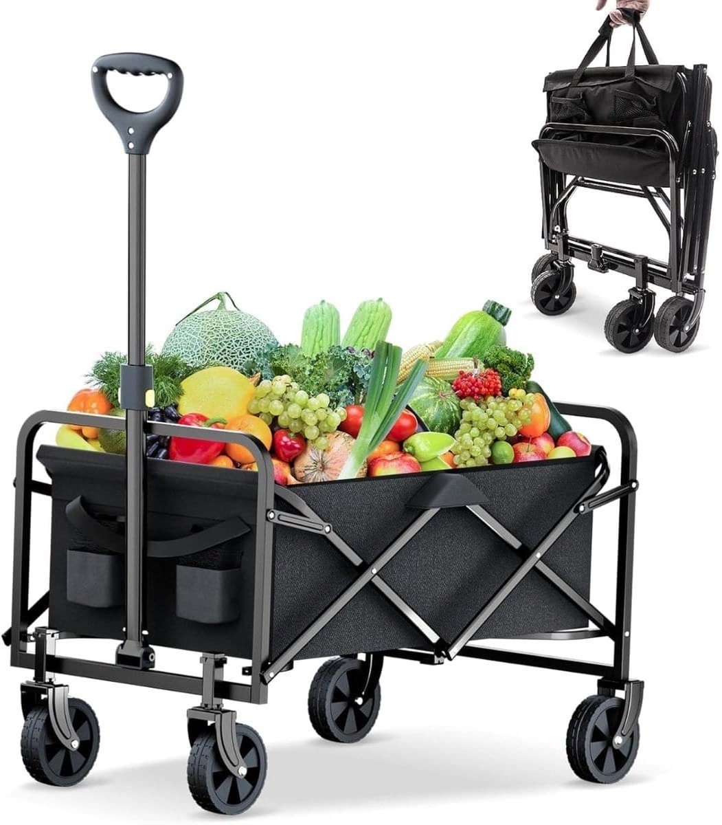Klarven® Bolderkar Opvouwbaar met Luchtbanden Zwart - Voor Kinderen en Boodschappen - Soepel op Elk Terrein - B 92 x D 72 x H 46 cm