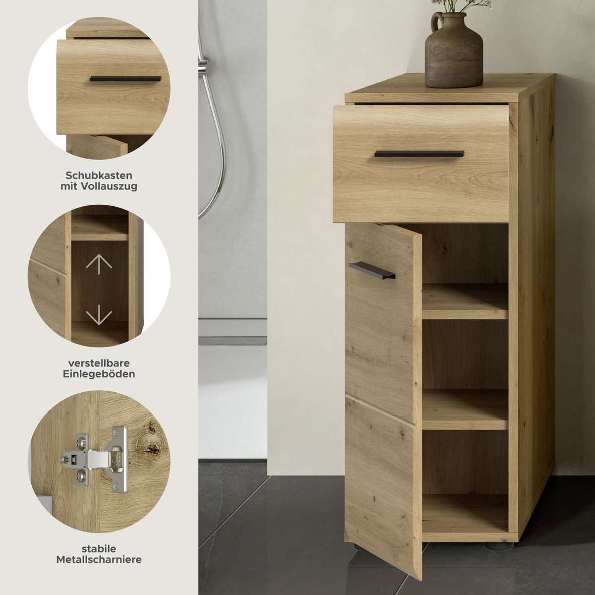 xonox.home – Staande kast Ice 30 x 80 x 30 cm in corpus en front Artisan Oak imitatie – staande badkamerkast kast kast - ShopVlot