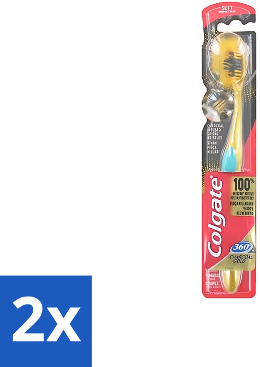 2 x Colgate - Tandenborstel - 360 Charcoal Gold Soft - Zwart/Goud - 1 Tandenborstel - Tandenborstel - Houtskool - Tanden Reinigen - Tanden Witter Maken - Tandenborstel Houtskool